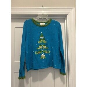 Mandal Bay Women’s Blue Sweater Size Small Christmas Elf Tree Whimsy Teacher